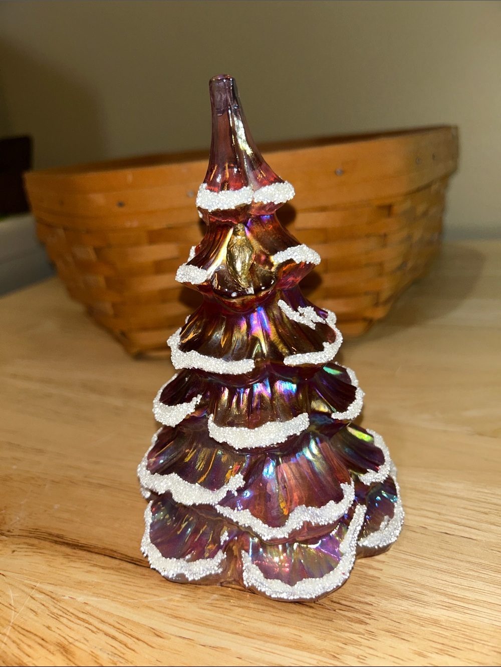 Fenton Art Glass Iridescent Pink Snow Flocked 6” Gold Partridge Christmas Tree